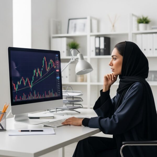 سيدة أعمال خليجية بملابس محتشمة تركز باهتمام على شاشة حاسوب تعرض رسومًا بيانية مالية في بيئة مكتبية حديثة ومنظمة.