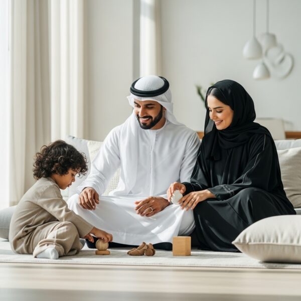 أب وأم خليجيان بلباسهما التقليدي يراقبان طفلهما يلعب بسكينة، في مشهد يعكس الدفء والترابط الأسري.